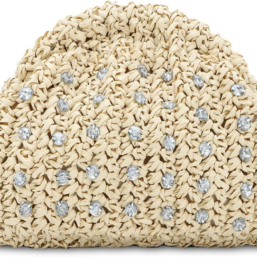 Straw Rhinestone Dumpling Clutch Bag Summer Beach Crossbody Purse Women